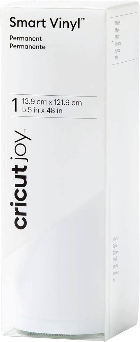 2009832 - Cricut Joy Permanent Smart Vinyl White; 1 roll 5.5 in x 48 in (13.9 cm x 121.9 cm); Matte finish; Works without a machine mat – just load & go!; Dishwasher friendly; Weather-resistant, ideal for outdoor projects; For Cricut Joy™